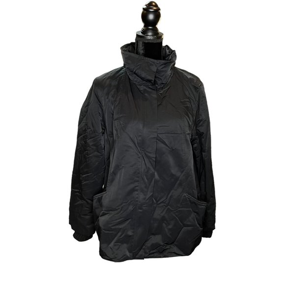 Eileen Fisher Jacket Womens Large Black Fleece Lined Removable Hood High Neck - Picture 1 of 16